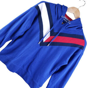 Tommy Hilfiger Sport Men’s Pullover Hoodie Sz Medium Blue Chevron Logo EUC